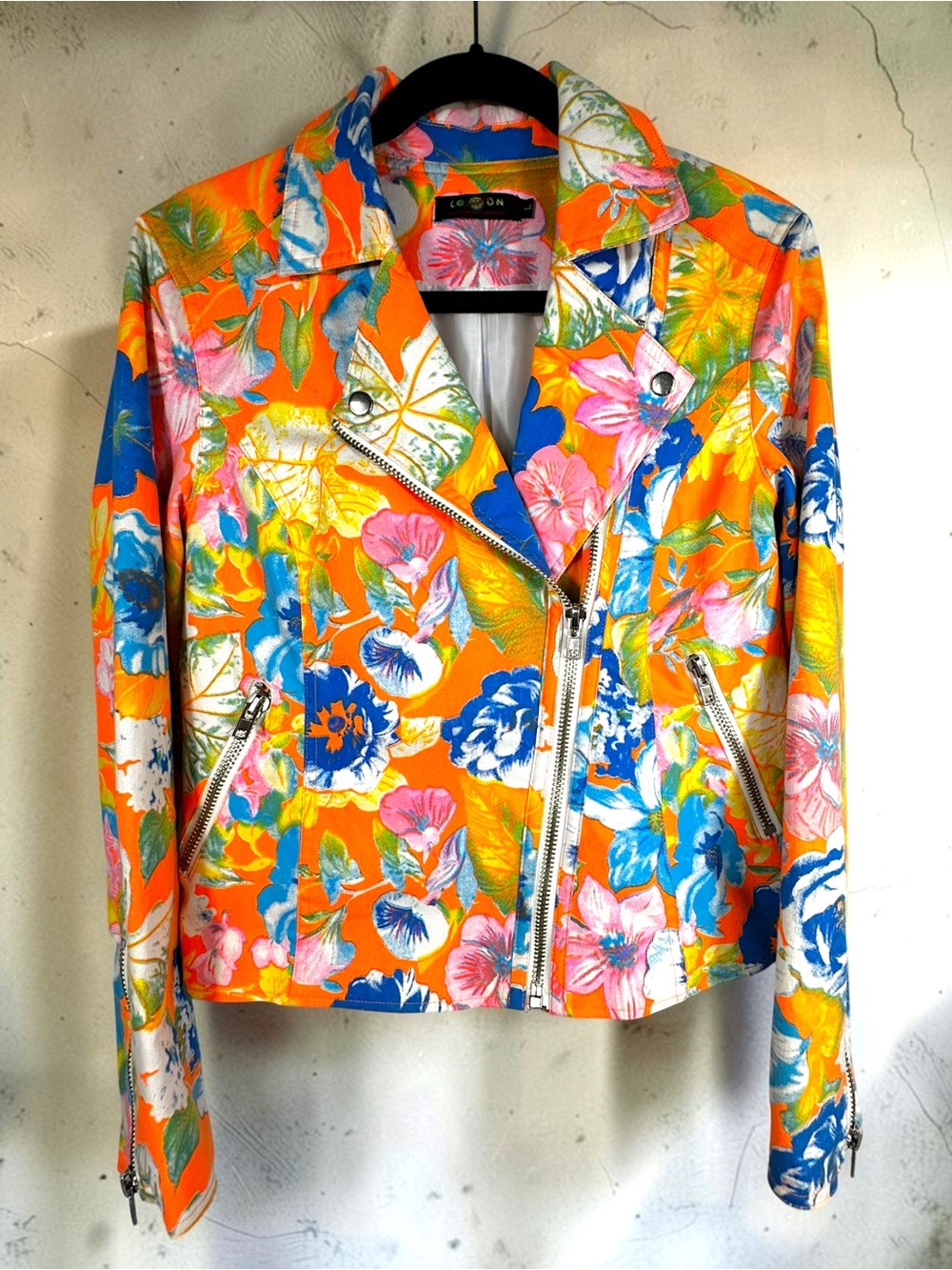 Smashed Lemon Large EUC Floral Moto Jacket Orange Blue Yellow Multi Colour Large - Picture 4 of 15